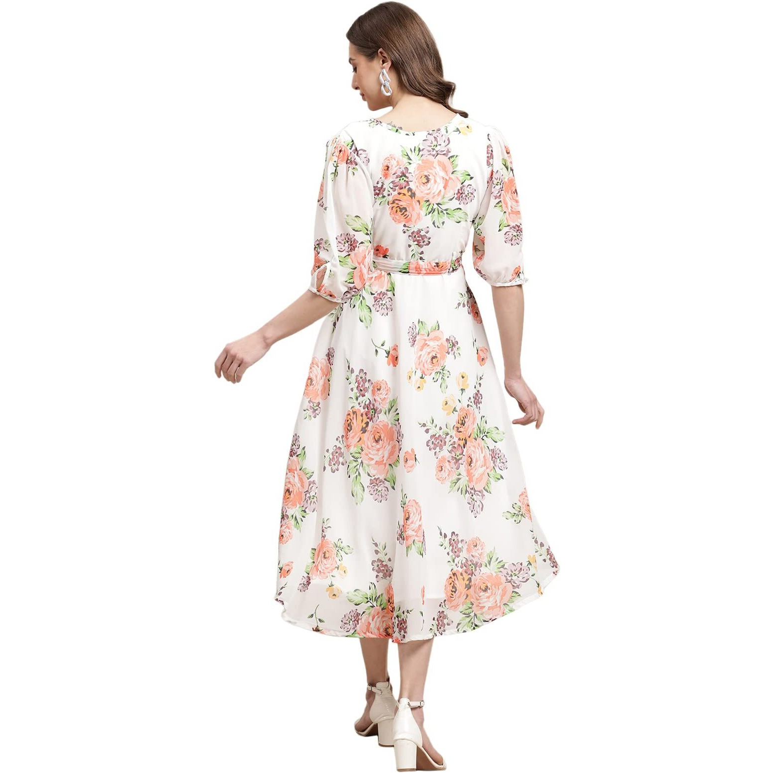 Preneum Women's Georgette Maxi Fit & Flare, Regular Sleeves, Long Gown Style, Casual Wear (In, Alpha, Xl, Plus, Off White)