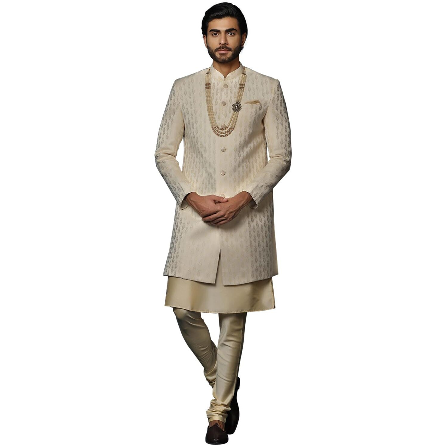 Kisah Men's Peach And Beige Indo-Western Kurta Sherwani Churidar Set Cotton Full Sleaves, Knee Length, Straight, Regular Fit, Mandarin Collar Ethnic Wear