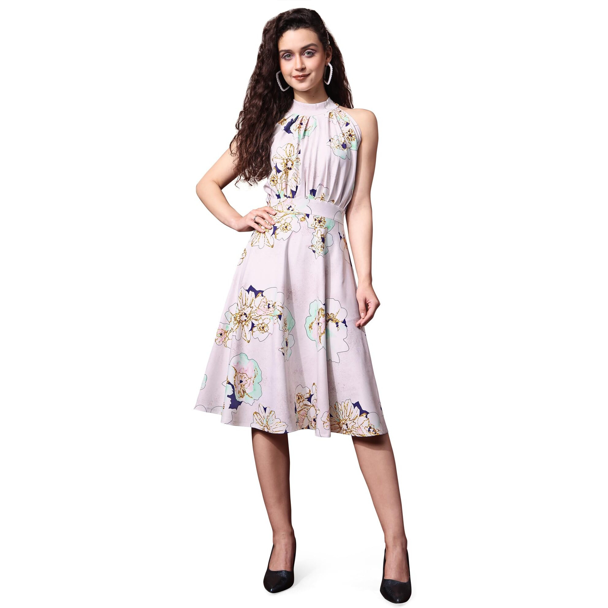 Purvaja Womens Fit & Flare Knee Length Dress (Wini-059-Gold_Off White_Large)