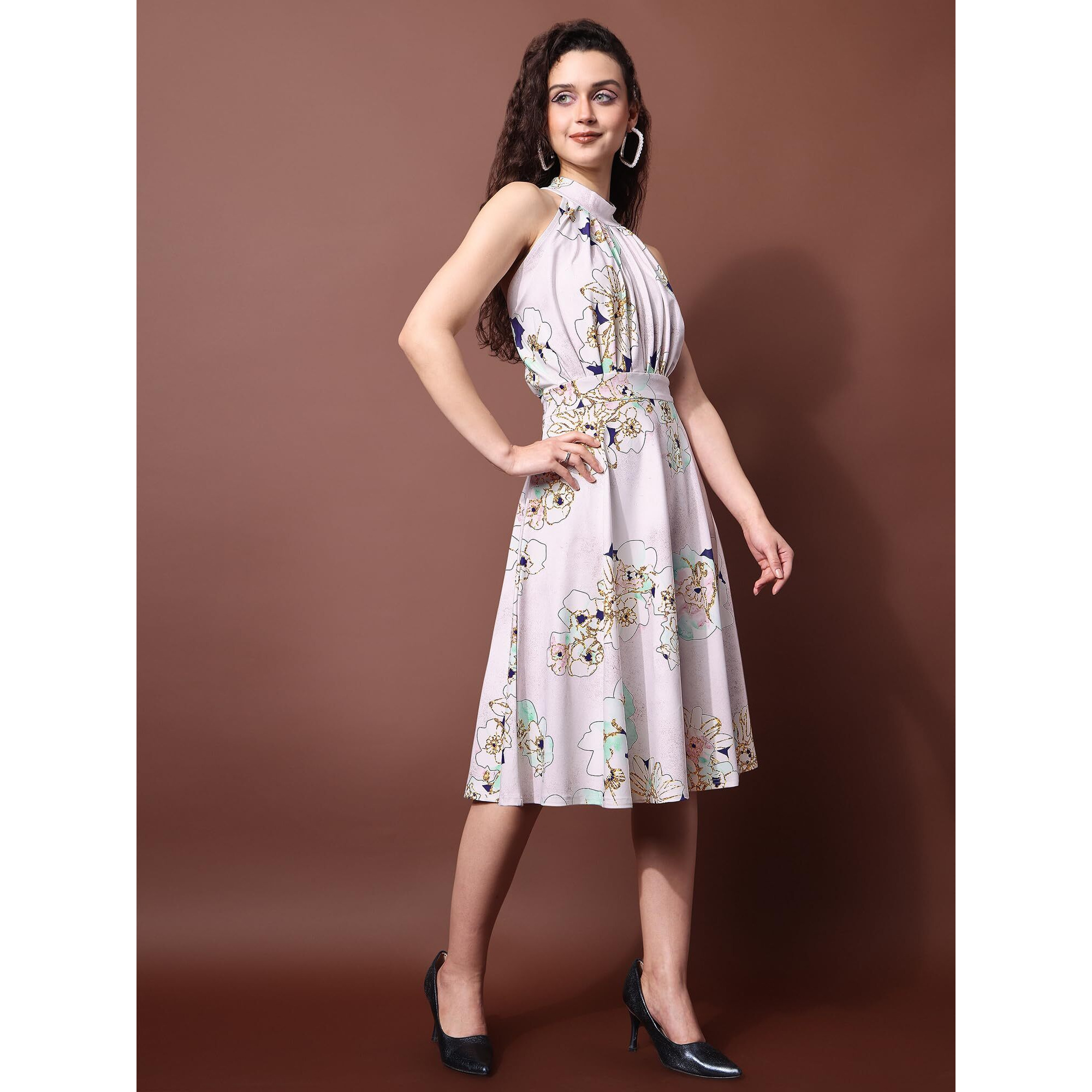 Purvaja Womens Fit & Flare Knee Length Dress (Wini-059-Gold_Off White_Large)