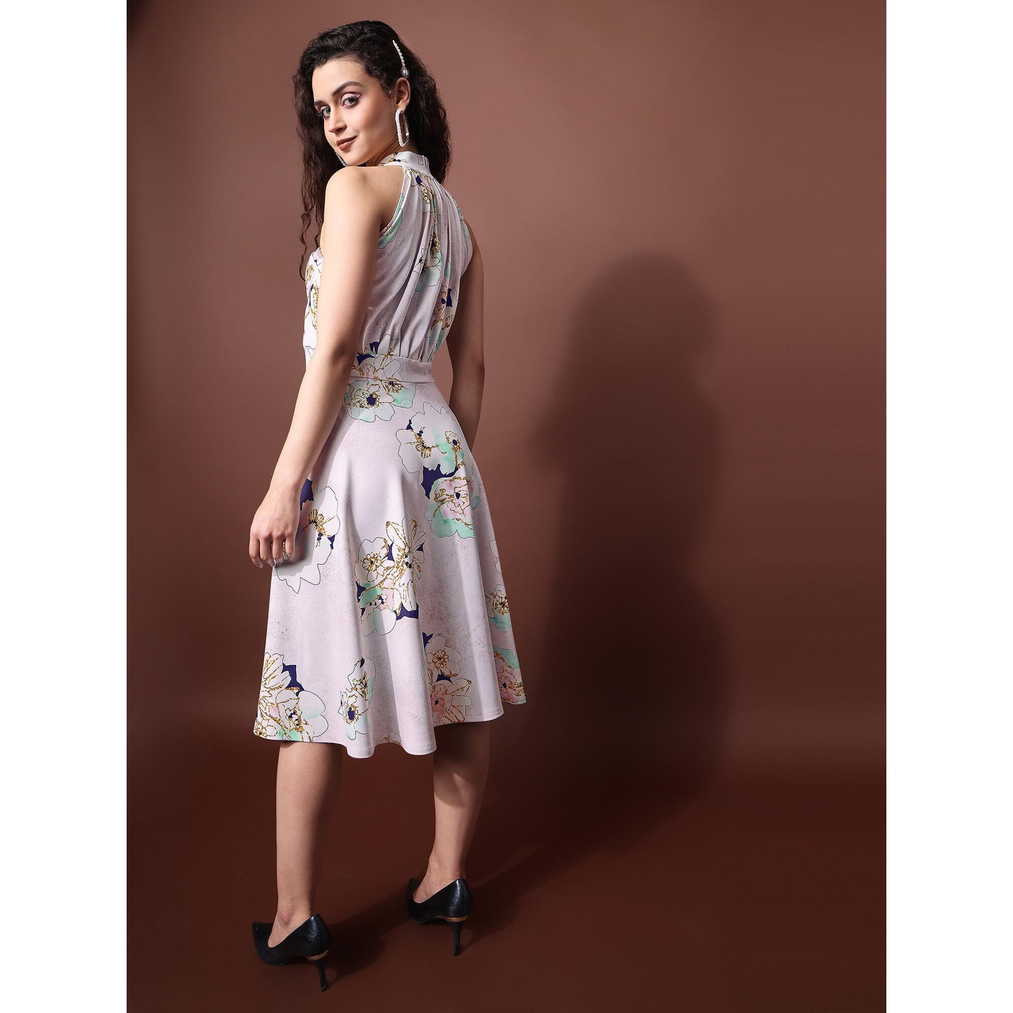 Purvaja Womens Fit & Flare Knee Length Dress (Wini-059-Gold_Off White_Large)