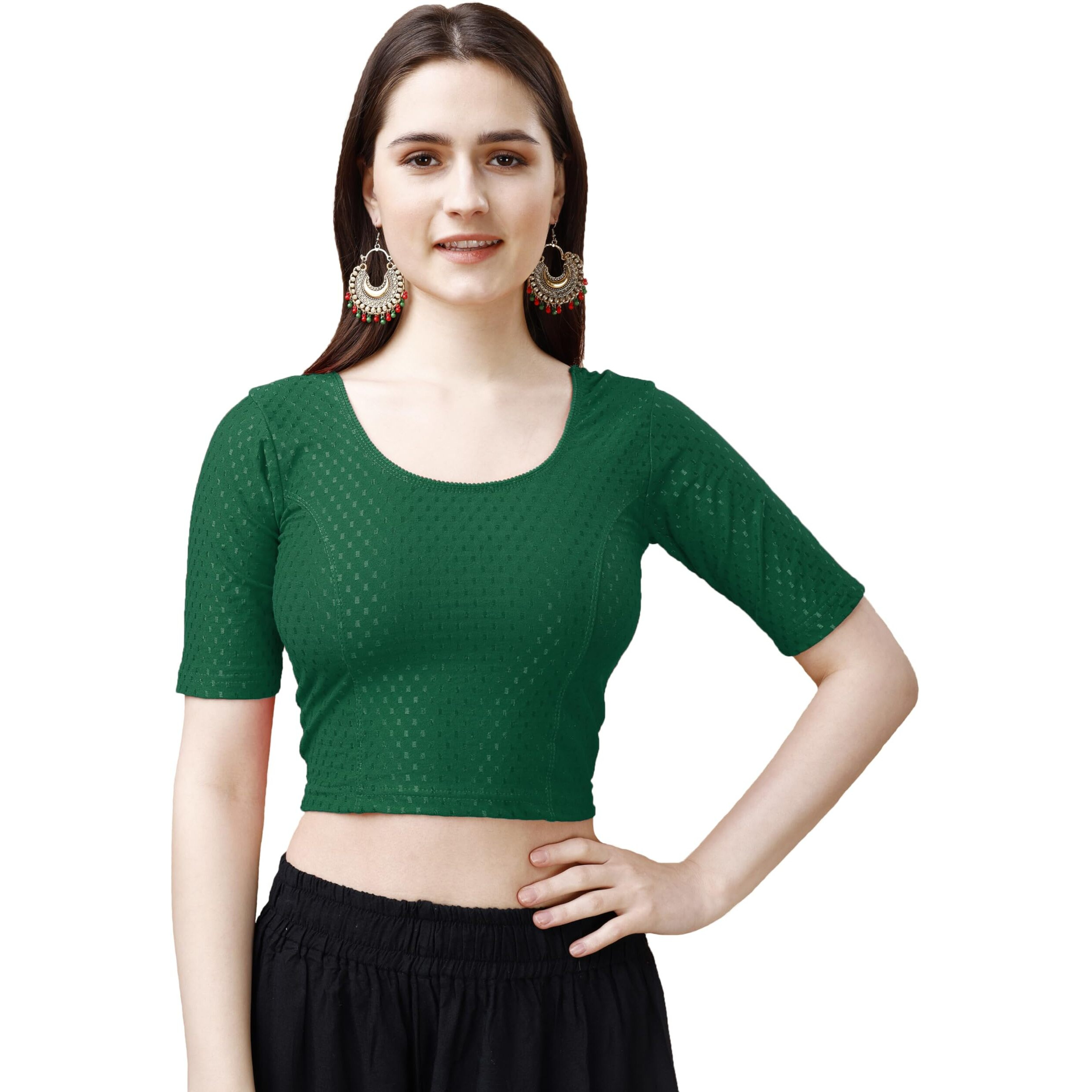 Pujia Mills Women's Readymade Dobby Cotton Lycra Stretchable Round Neck Half Sleeve Blouse Fancy Green Color Lycra Stretchable Blouse For Women Stylish Readymade Saree Blouse