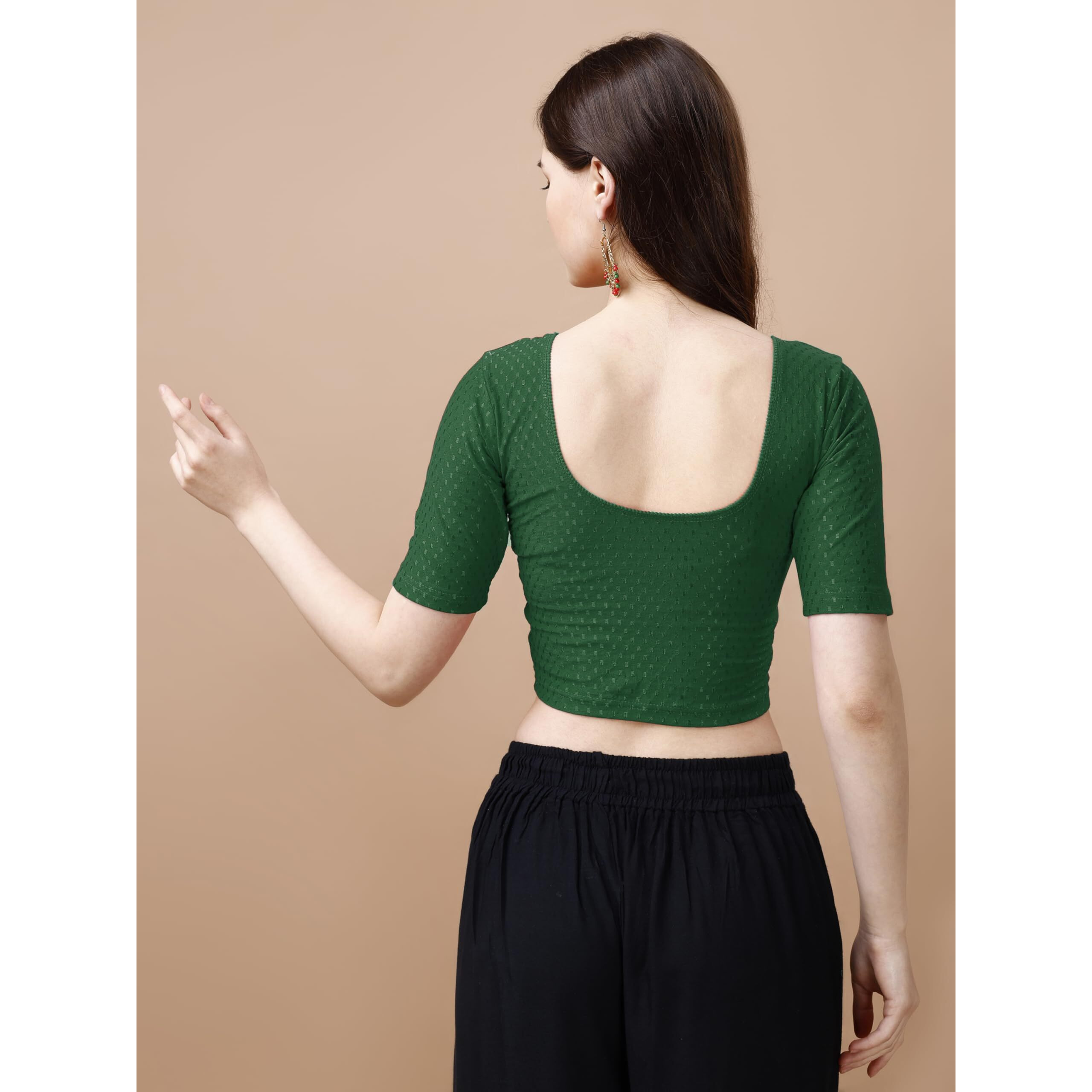 Pujia Mills Women's Readymade Dobby Cotton Lycra Stretchable Round Neck Half Sleeve Blouse Fancy Green Color Lycra Stretchable Blouse For Women Stylish Readymade Saree Blouse