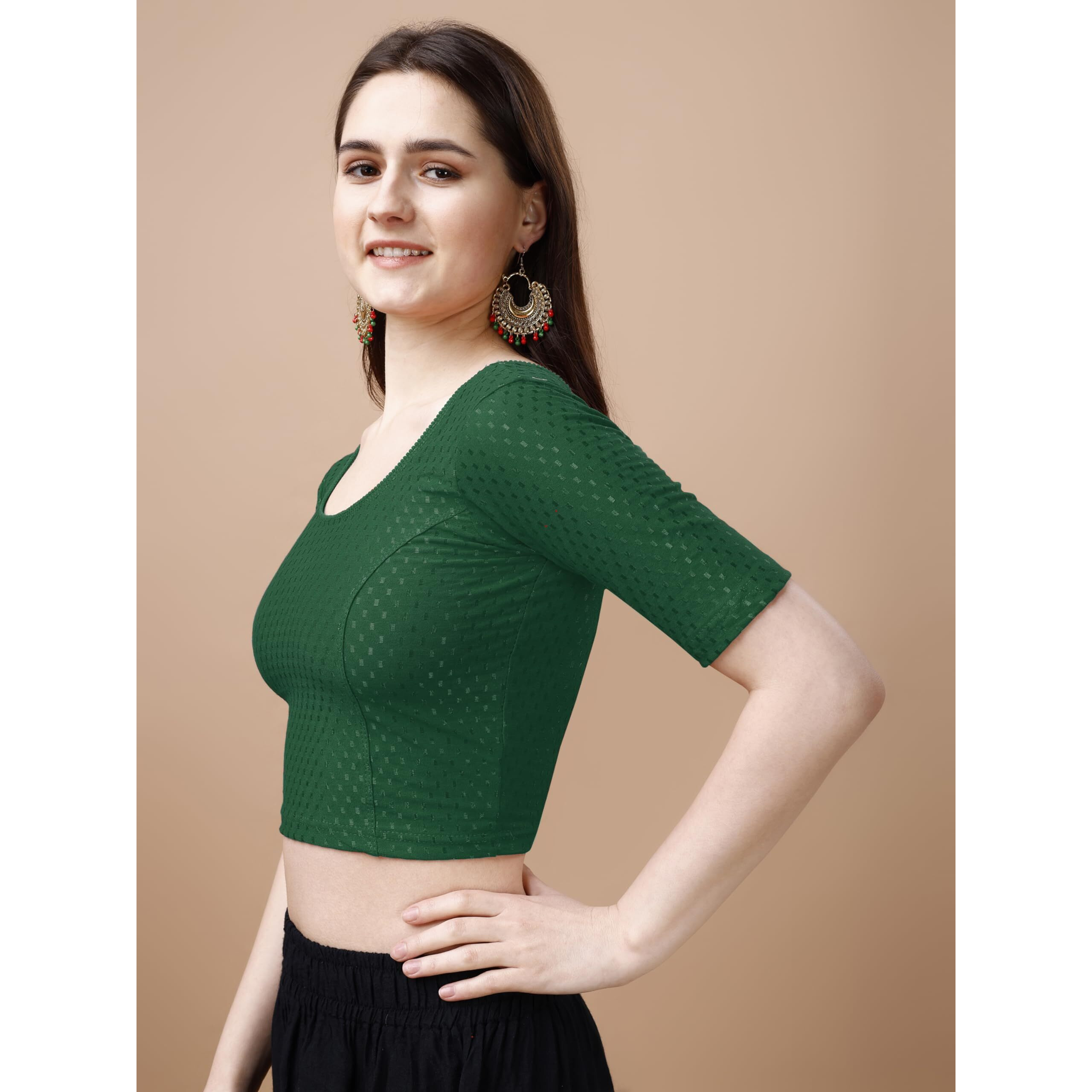 Pujia Mills Women's Readymade Dobby Cotton Lycra Stretchable Round Neck Half Sleeve Blouse Fancy Green Color Lycra Stretchable Blouse For Women Stylish Readymade Saree Blouse