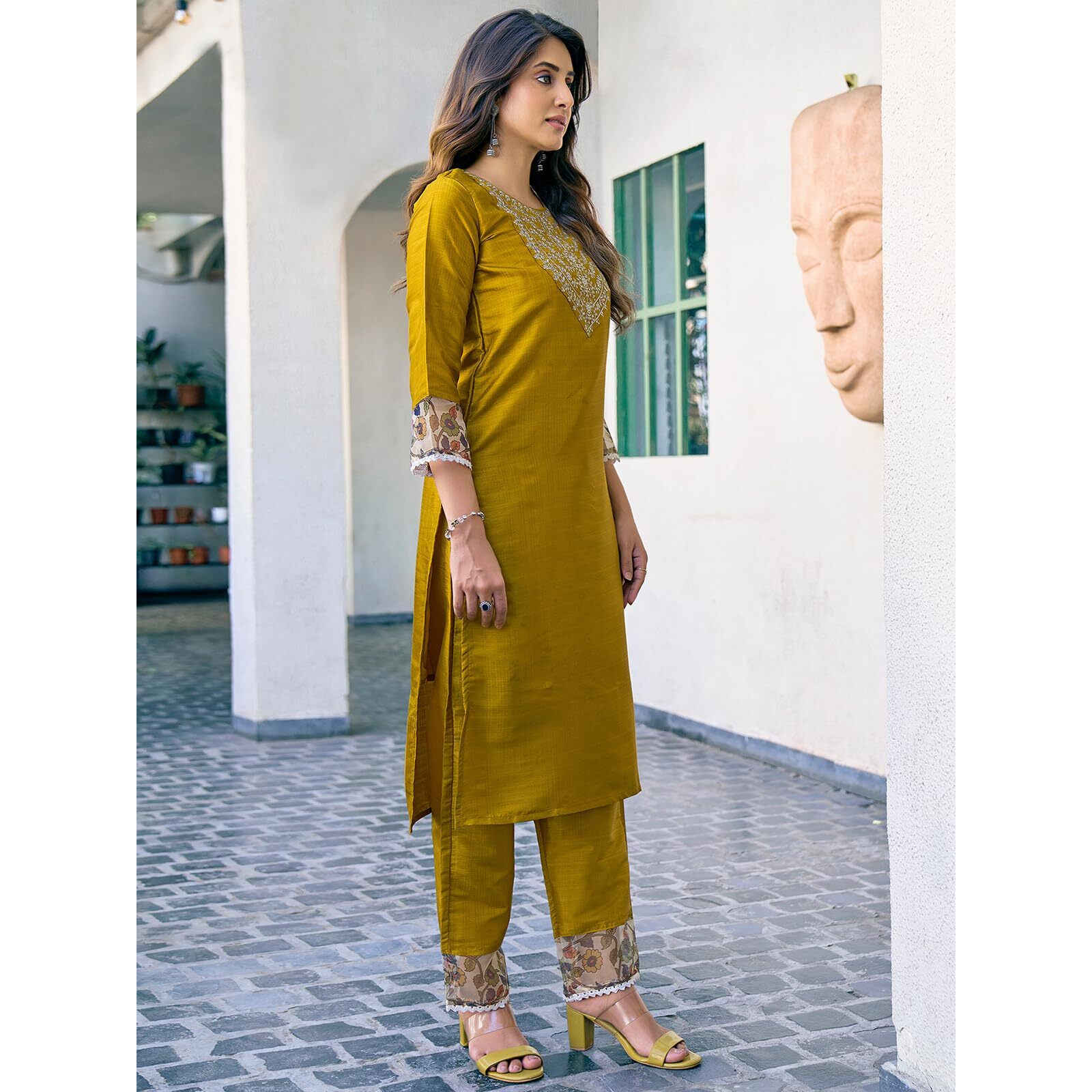 Sanisa Women's Art Silk Sequence Embroidery Work Straight Kurta With Pant And Dupatta Set (163Kbd1753Nr-M_Mustard Yellow)