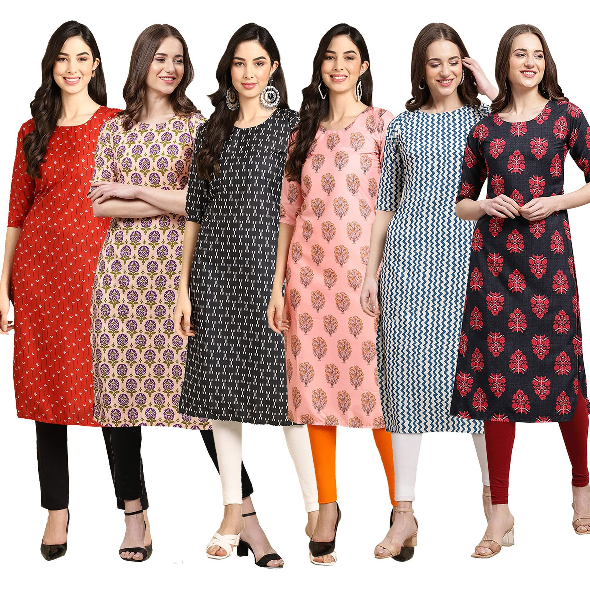 Pinkmint Women's Crepe Digital Print Straight Kurta Pack Of 6