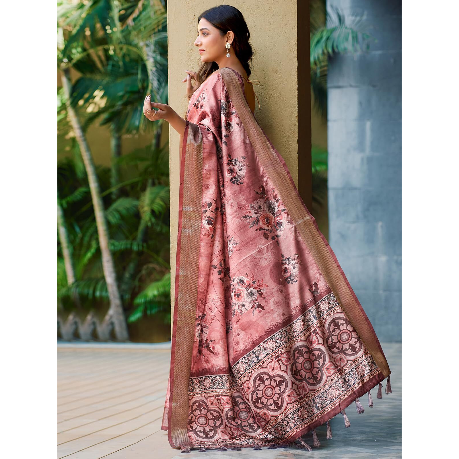 Satrani Women's Dola Silk Printed Weaving Border Saree With Unstitched Blouse Piece (4081S192N_Dusty Pink)