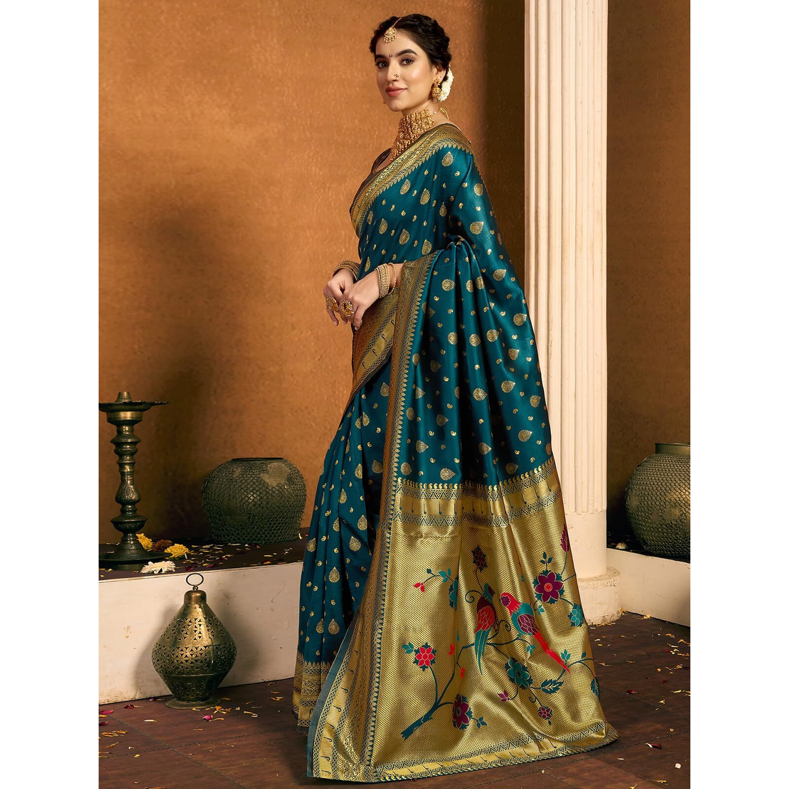 Satrani Women's Silk Paithani Jacquard Saree With Unstitched Blouse Piece (4052S6353N_Dark Rama Blue1)