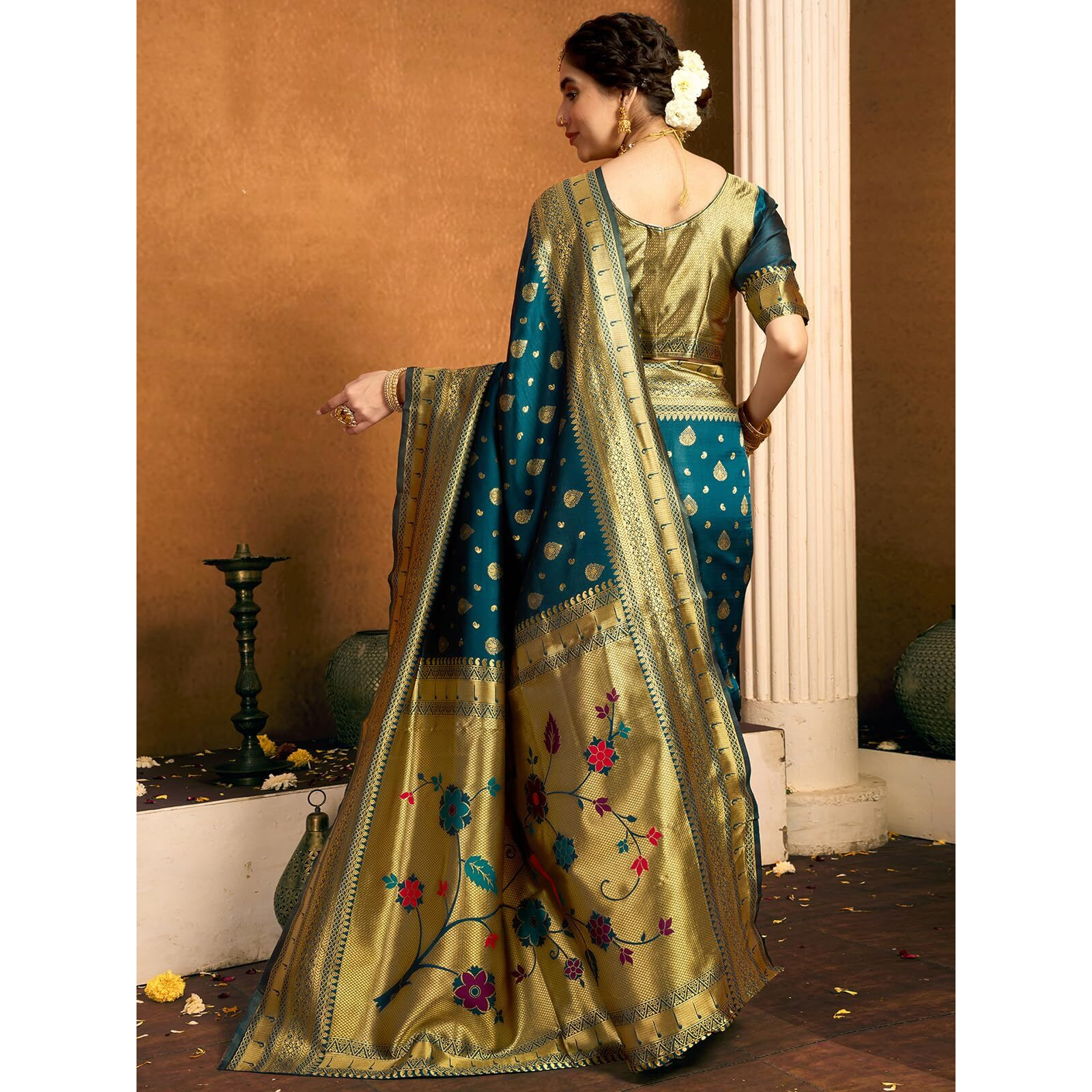 Satrani Women's Silk Paithani Jacquard Saree With Unstitched Blouse Piece (4052S6353N_Dark Rama Blue1)