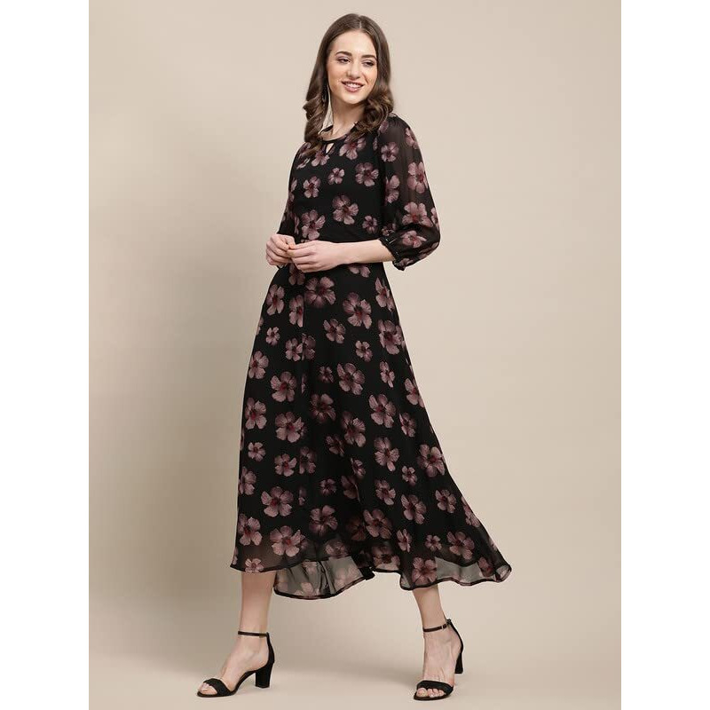 Preneum Women's Maxi Fit & Flare Latest Style Print Georgette Regular Sleeves Casual Summer Maxi Dress || Festival & Occasion, Jet Black, S