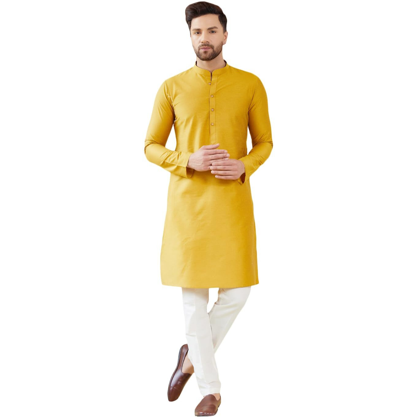 See Designs Men Long Sleeve Side Slit Mandarin Collar Yellow Cotton Solid Straight Kurta - Sdkt2470L