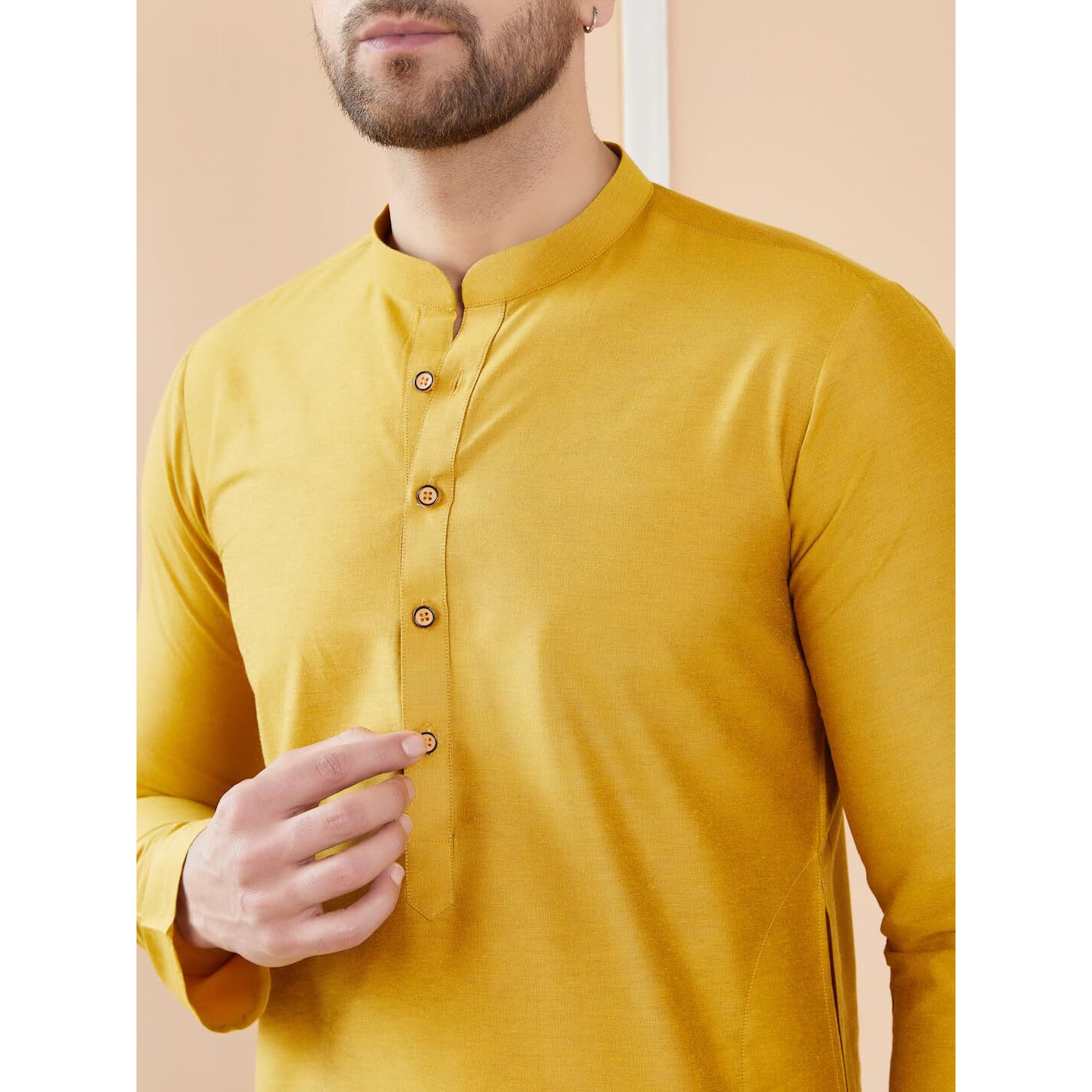 See Designs Men Long Sleeve Side Slit Mandarin Collar Yellow Cotton Solid Straight Kurta - Sdkt2470L