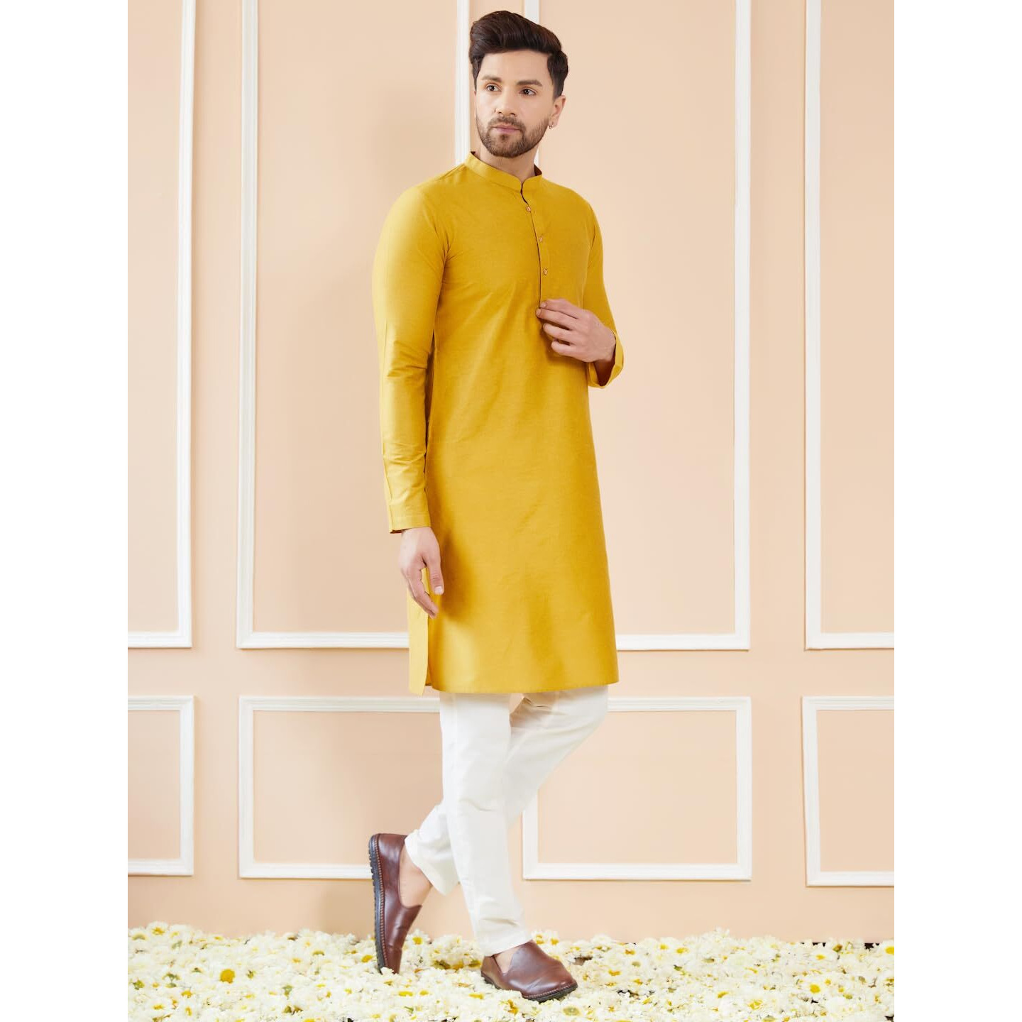 See Designs Men Long Sleeve Side Slit Mandarin Collar Yellow Cotton Solid Straight Kurta - Sdkt2470L