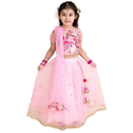 Pspeaches Girl's Pink Orange Embellished Polyester Readymade Lehenga Choli Set(Pink-7-8Y)