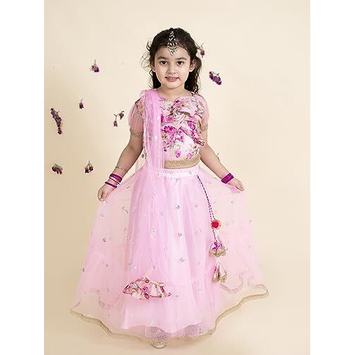 Pspeaches Girl's Pink Orange Embellished Polyester Readymade Lehenga Choli Set(Pink-7-8Y)