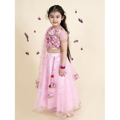 Pspeaches Girl's Pink Orange Embellished Polyester Readymade Lehenga Choli Set(Pink-7-8Y)