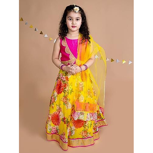 Pspeaches Girl's Yellow Pink Embroidered Polyester Readymade Lehenga Choli Set (Yellow-10-12Y)