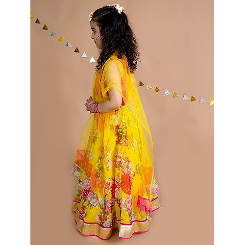 Pspeaches Girl's Yellow Pink Embroidered Polyester Readymade Lehenga Choli Set (Yellow-10-12Y)