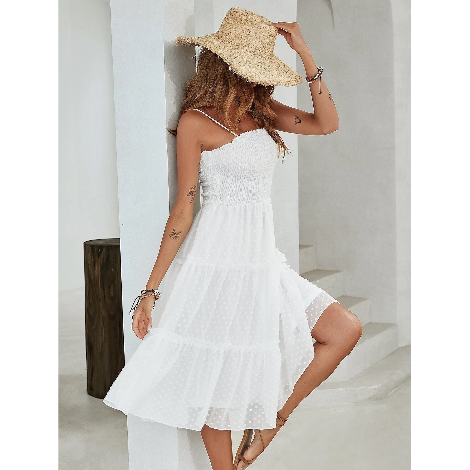 Shasmi Women's & Girl's White Swiss Dot Shirred Frill Trim Layered Hem Cami Dress (Dress 74 White Xl)