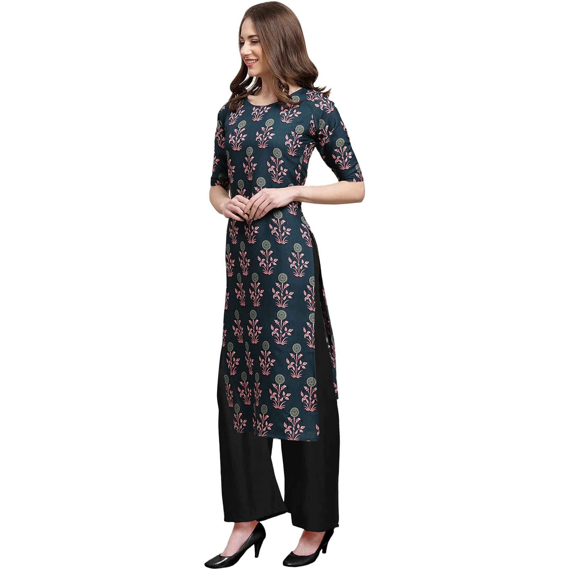 Pinkmint Women's Teal Color Kurta And Black Palazzo Set (530335-Black Palazzo_S)
