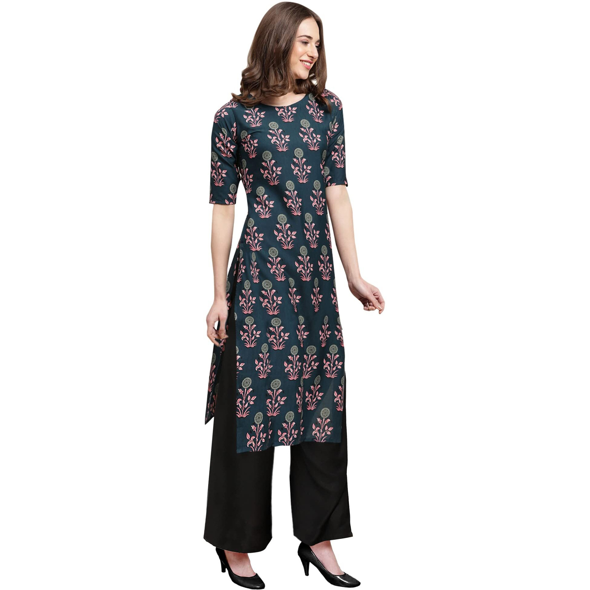 Pinkmint Women's Teal Color Kurta And Black Palazzo Set (530335-Black Palazzo_S)