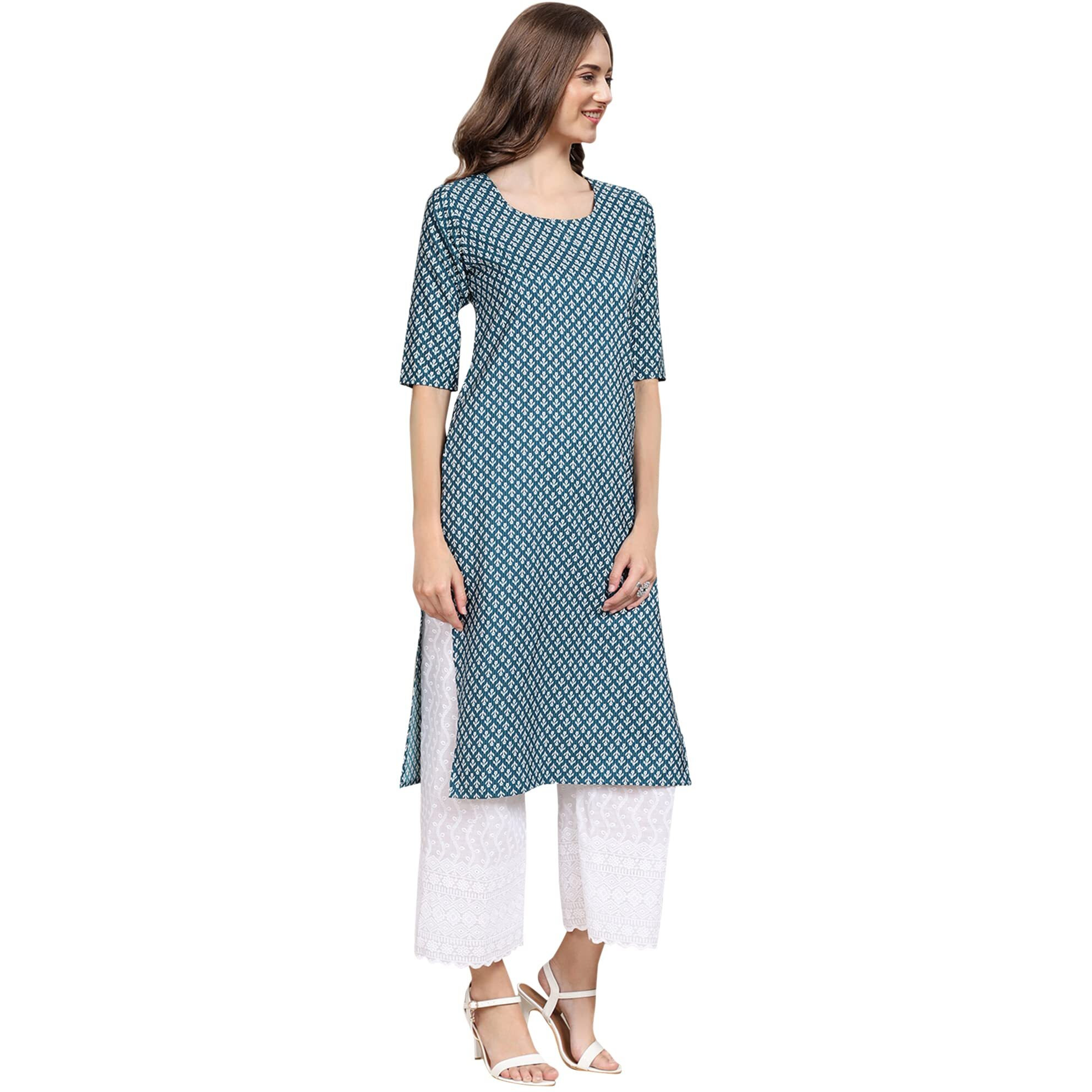 Pinkmint Women's Crepe Turqouise Color Floral Printed Straight Kurti (530351-M)