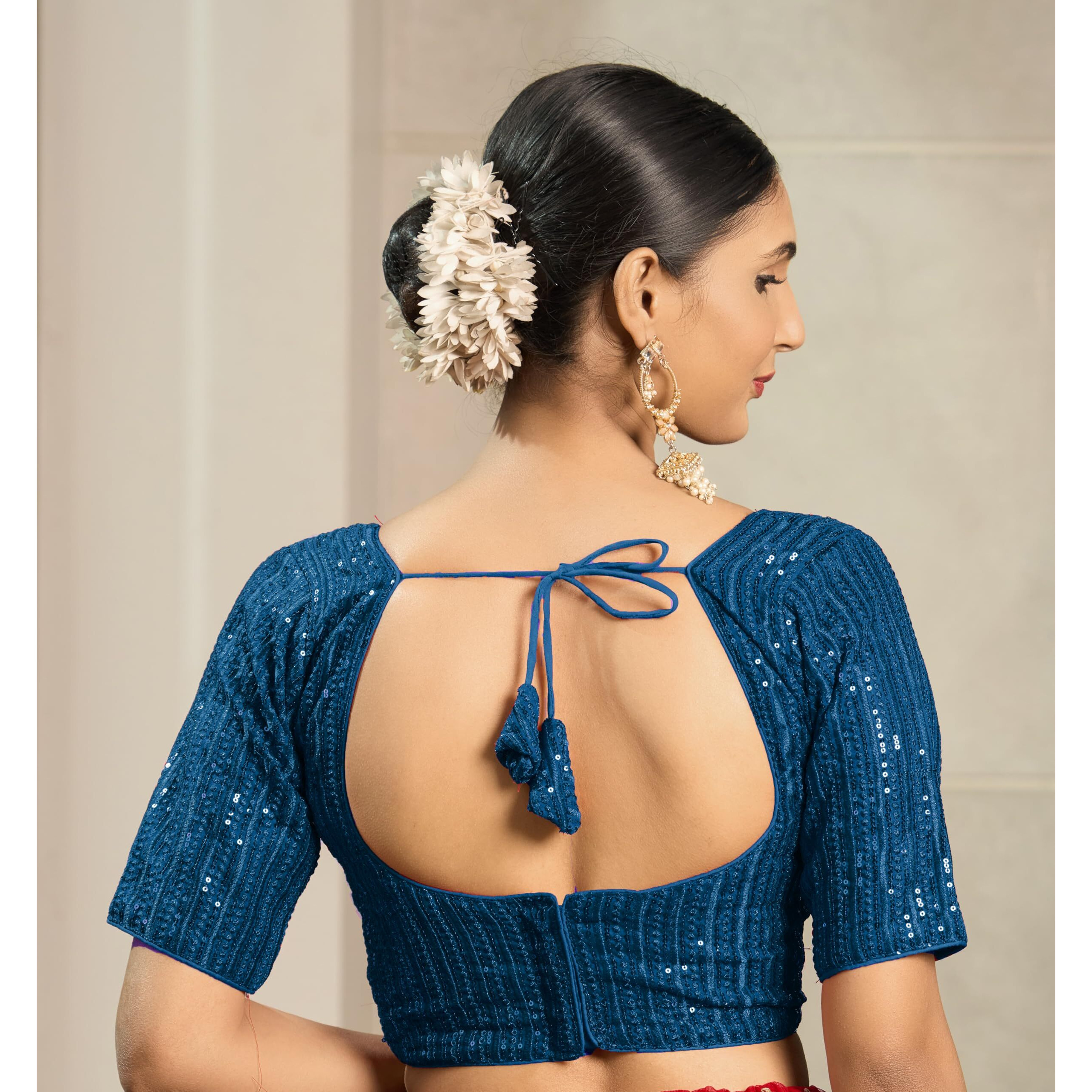 Pujia Mills Women's Indian Ethnic Wear Designer Silver Sequence With Matching Embroidered Work V Neck Half Sleeve Readymade Padded Saree Blouse Readymade Unique Morpeach Color Saree Blouse