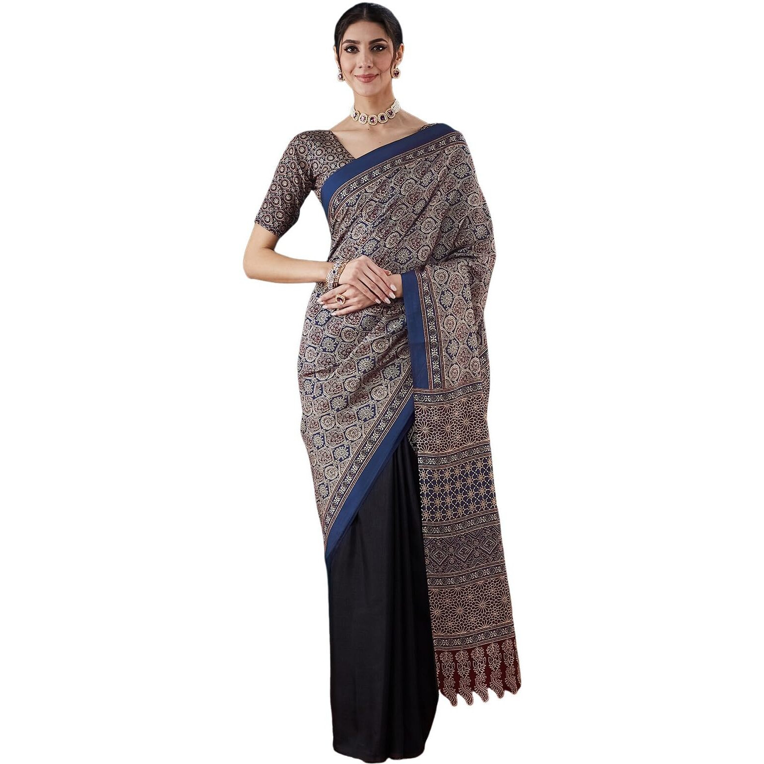 Satrani Women's Silk Crepe Ajrakh Print Saree With Unstitched Blouse Piece (4057S642N_Black & Dark Blue & Multi)