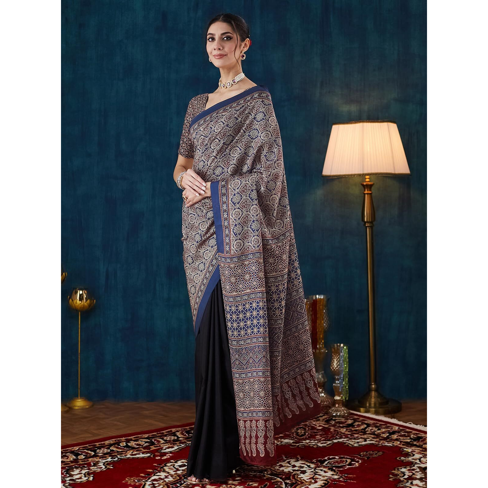 Satrani Women's Silk Crepe Ajrakh Print Saree With Unstitched Blouse Piece (4057S642N_Black & Dark Blue & Multi)