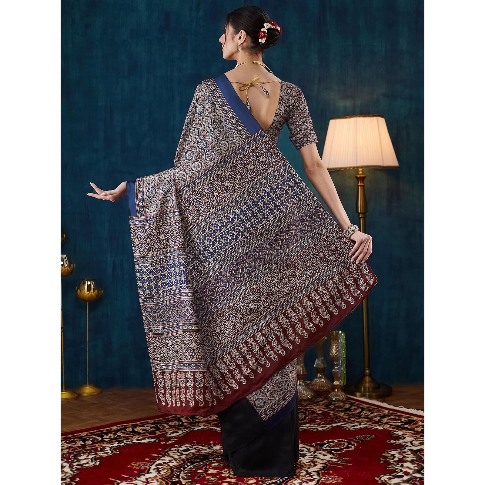 Satrani Women's Silk Crepe Ajrakh Print Saree With Unstitched Blouse Piece (4057S642N_Black & Dark Blue & Multi)
