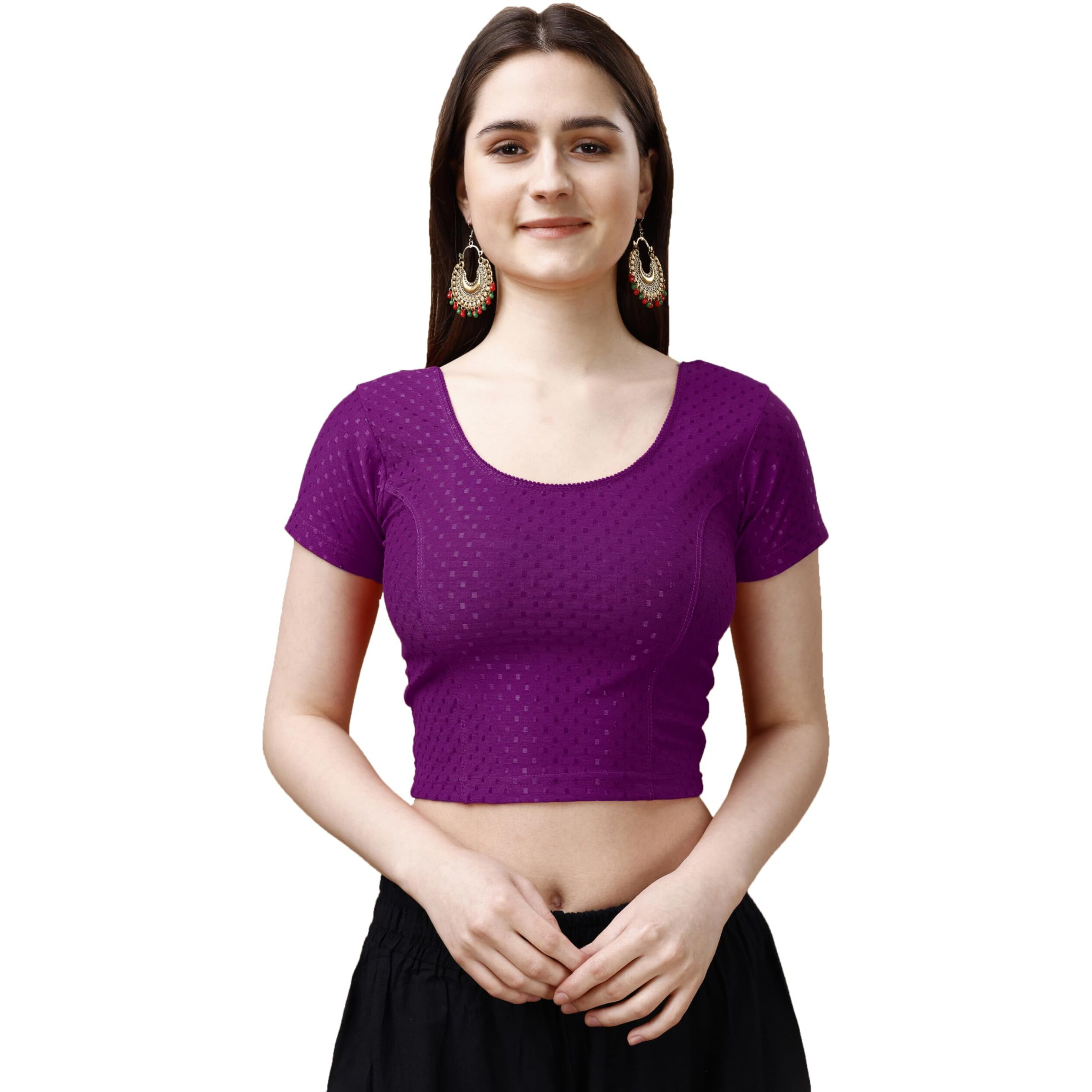 Pujia Mills Women's Readymade Dobby Cotton Lycra Stretchable Round Neck Short Sleeve Blouse Fancy Wine Color Lycra Stretchable Blouse For Women Stylish Readymade Saree Blouse