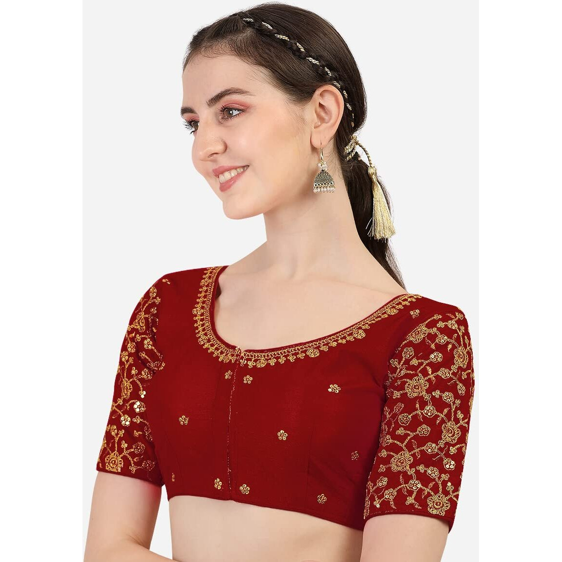 Pujia Mills Women's Silk Checkered Half Sleeve Blouse (Marun Flower Blouse38_Maroon_38)
