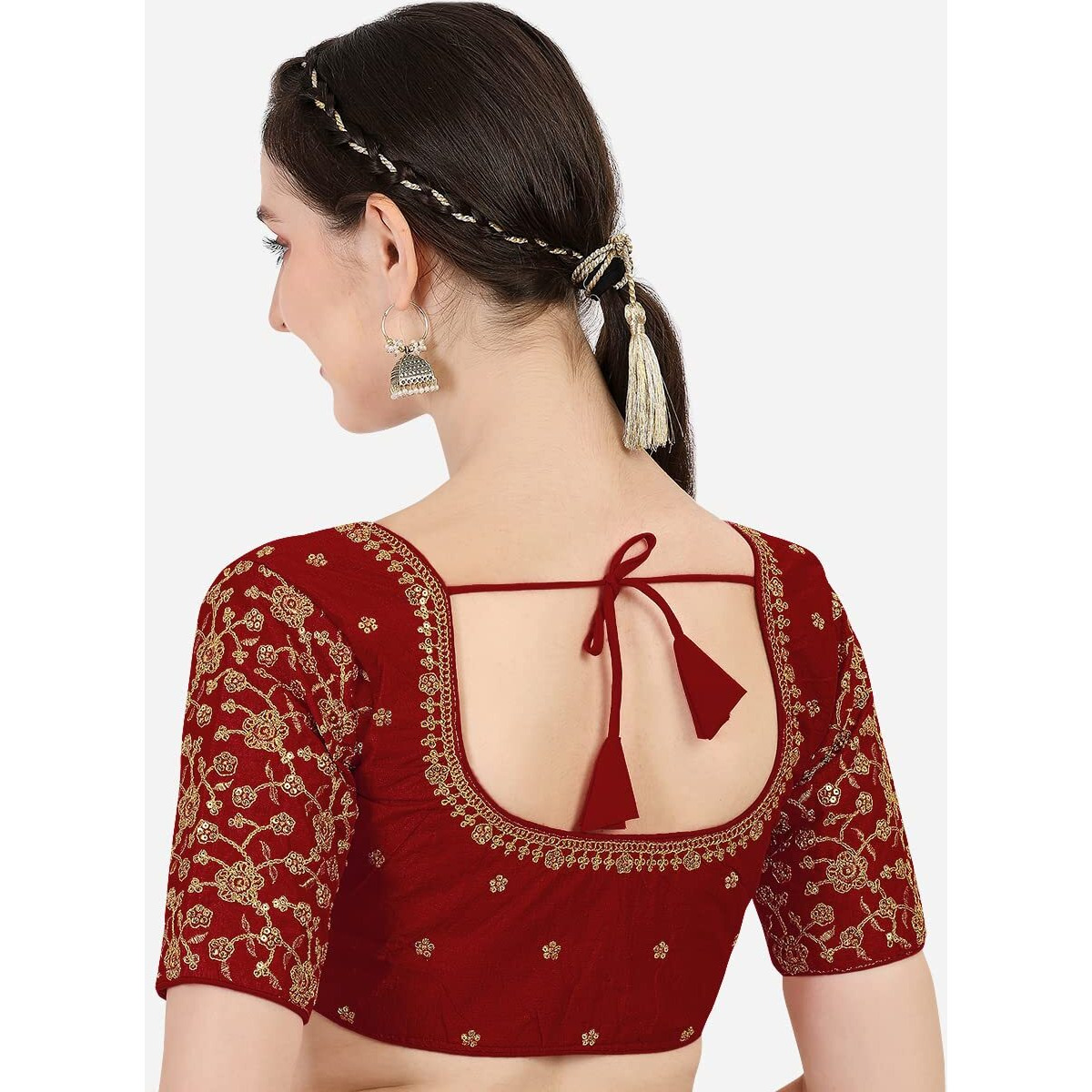 Pujia Mills Women's Silk Checkered Half Sleeve Blouse (Marun Flower Blouse38_Maroon_38)