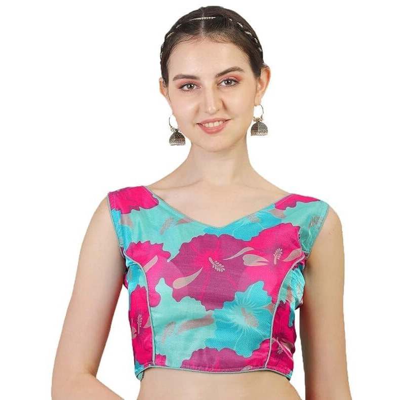 Pujia Mills Women's Brocade Floral Print Sleeveless Saree Blouse (40, Green)