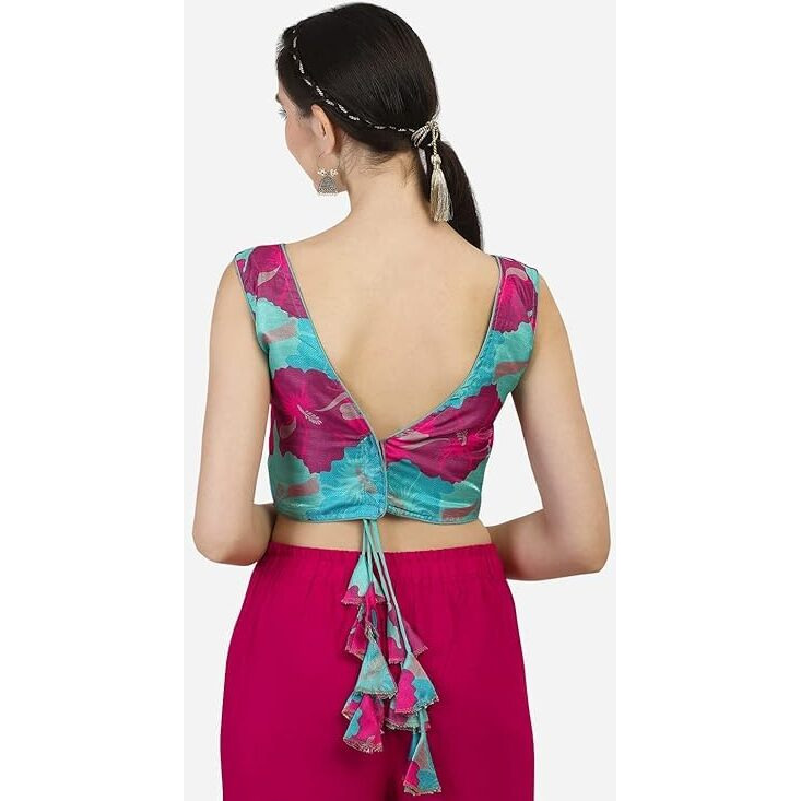 Pujia Mills Women's Brocade Floral Print Sleeveless Saree Blouse (40, Green)