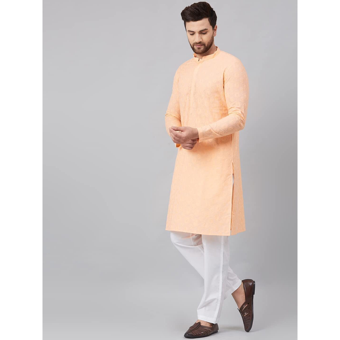 See Designs Men Peach Chikankari Embroidered Woven Design Straight Kurta With Pyjama - Sdkt89701S (S)