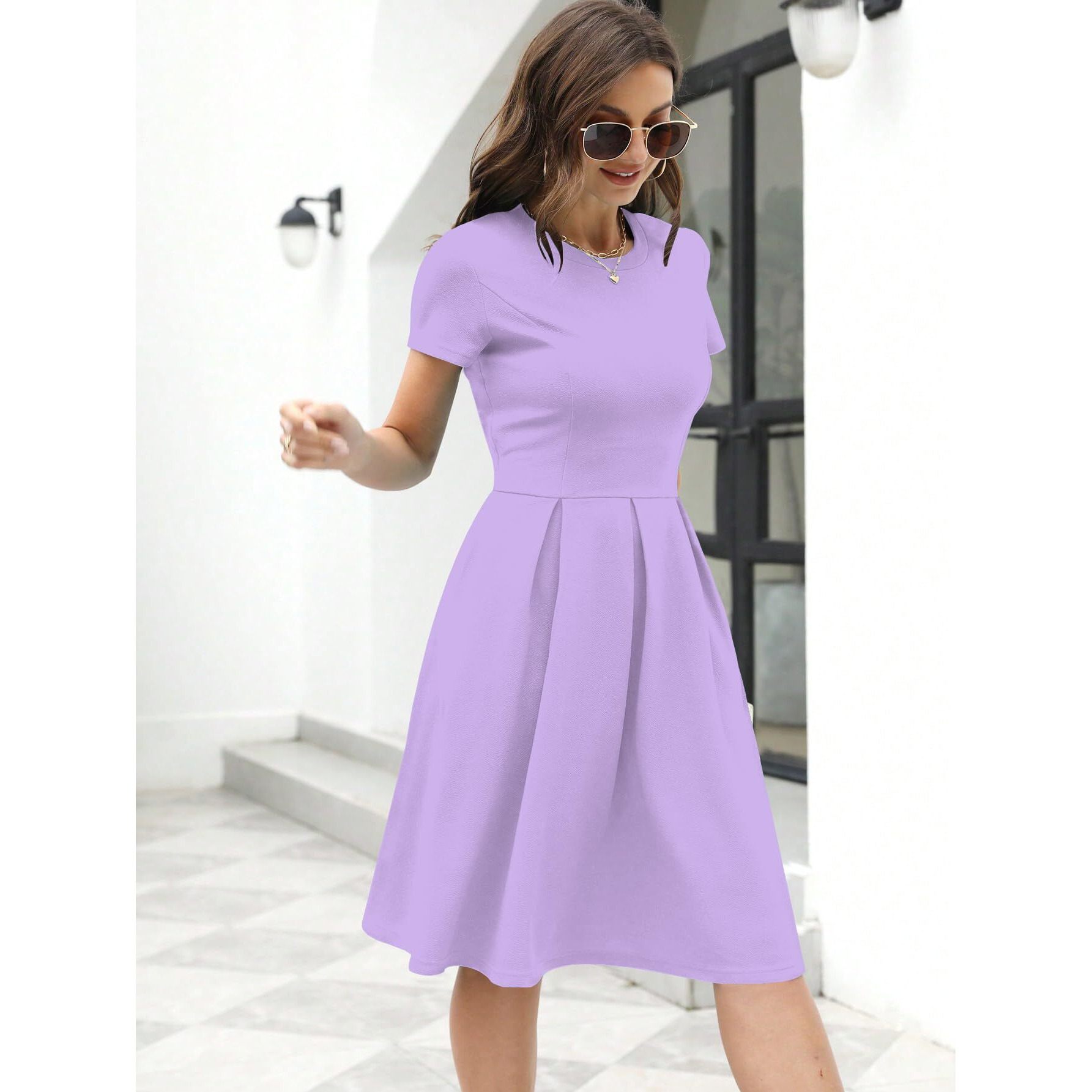 Shasmi Girl's & Women's Solid Purple Color Solid Slant Pocket Fold Pleated, Women Cocktail Party Vintage Style With Pockets Big Swing Simple Retro Dress (Dress 166 Light Purple-M)