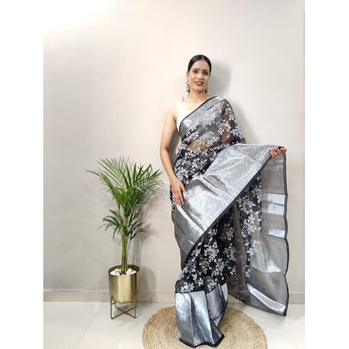 Shiv Textiles Womens Floral Printed Organza Zip And Go Pre-Stitched Saree  Effortless Wear & Comfort  Ready To Wear Saree(Sb-St-R-12-Black)