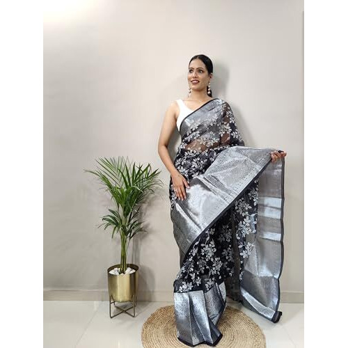 Shiv Textiles Womens Floral Printed Organza Zip And Go Pre-Stitched Saree  Effortless Wear & Comfort  Ready To Wear Saree(Sb-St-R-12-Black)