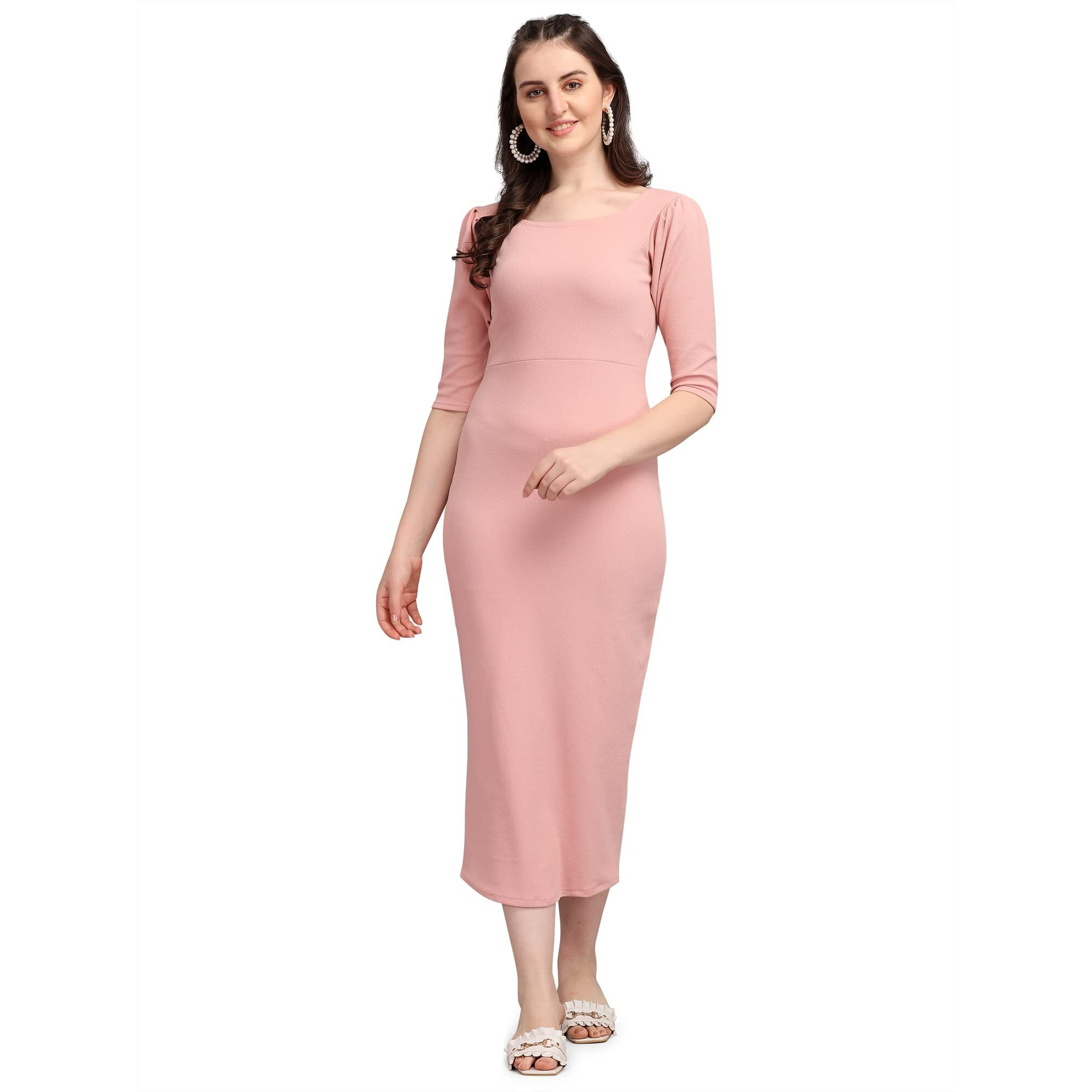 Purvaja Women's Corduroy Bodycon Midi Dress (Ruby-132-Pe-M_Peach