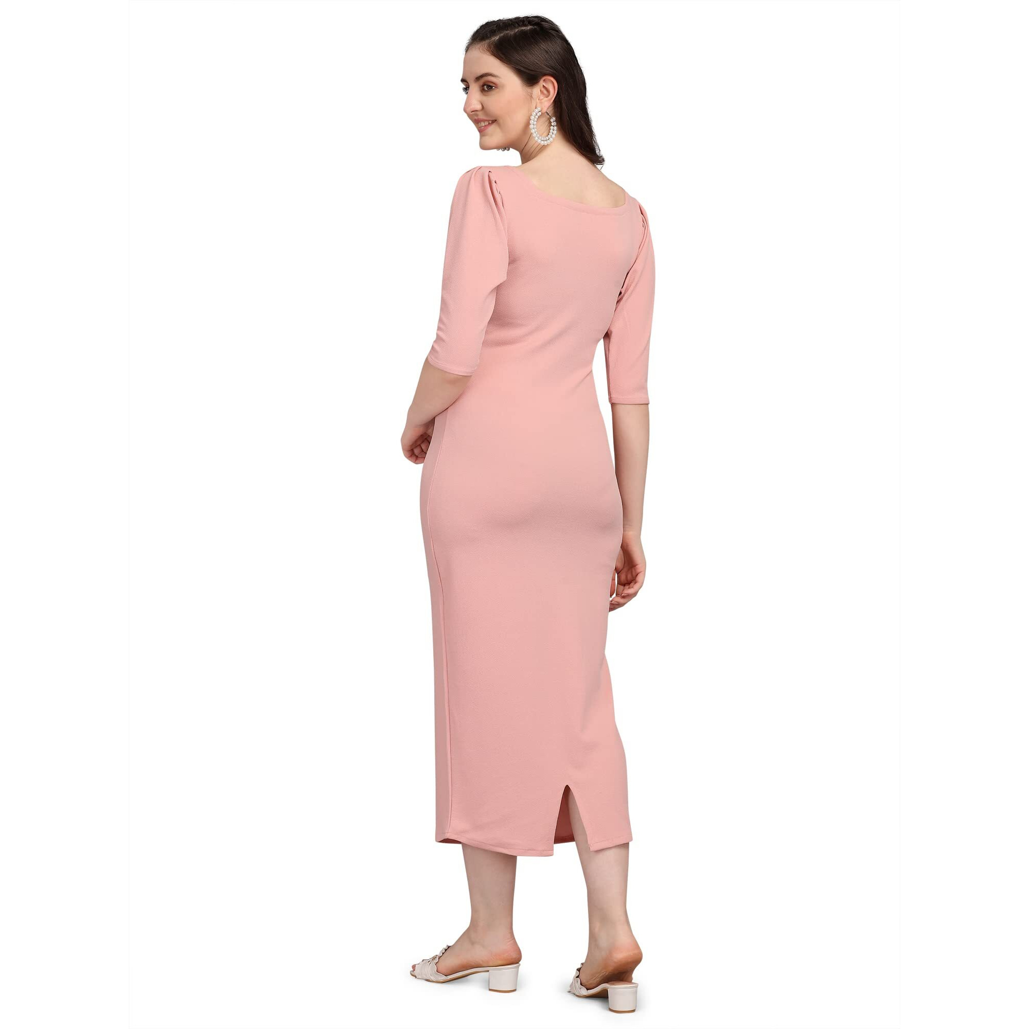 Purvaja Women's Corduroy Bodycon Midi Dress (Ruby-132-Pe-M_Peach