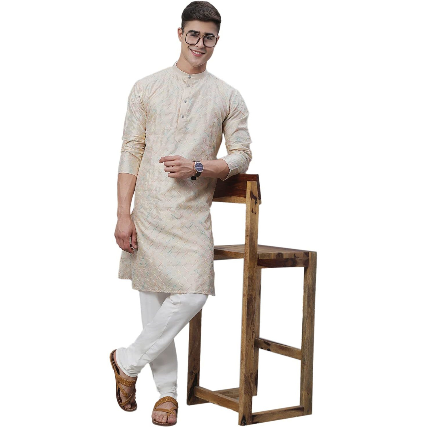 Sojanya (Since 1958 Men's Silk Blend Cream Kurta With Multi Color Embroidery And Off-White Pyjama