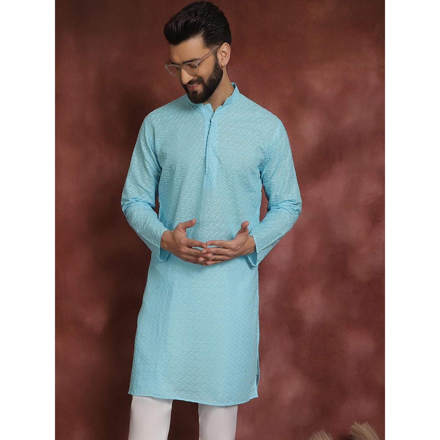 Sojanya (Since 1958 Ethnic Motifs Embroidered Thread Work Pure Cotton Sky Blue Straight Only Kurta