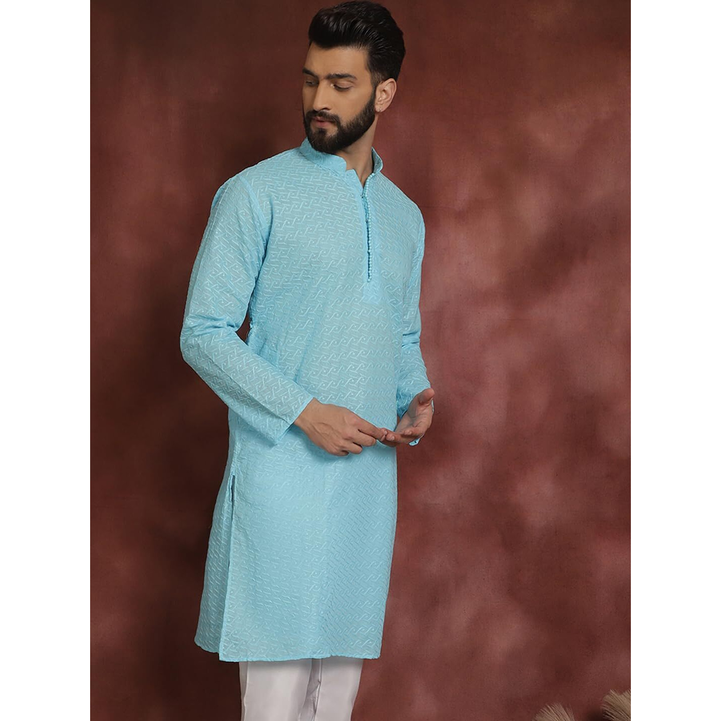 Sojanya (Since 1958 Ethnic Motifs Embroidered Thread Work Pure Cotton Sky Blue Straight Only Kurta