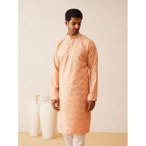 Sojanya (Since 1958 Men's Cotton Foil Gold Printed Peach Long Kurta