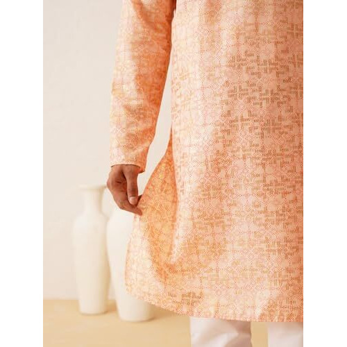 Sojanya (Since 1958 Men's Cotton Foil Gold Printed Peach Long Kurta