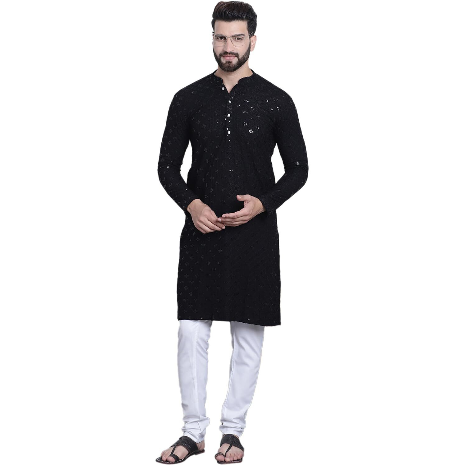 Sojanya (Since 1958 Men's Pure Cotton Black Sequence Kurta & White Pyjama Set