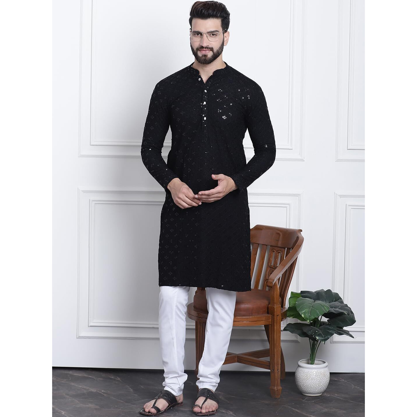 Sojanya (Since 1958 Men's Pure Cotton Black Sequence Kurta & White Pyjama Set