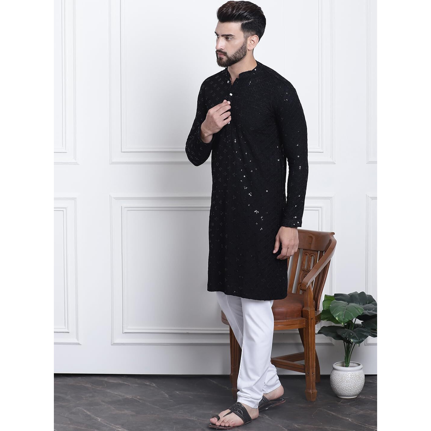 Sojanya (Since 1958 Men's Pure Cotton Black Sequence Kurta & White Pyjama Set