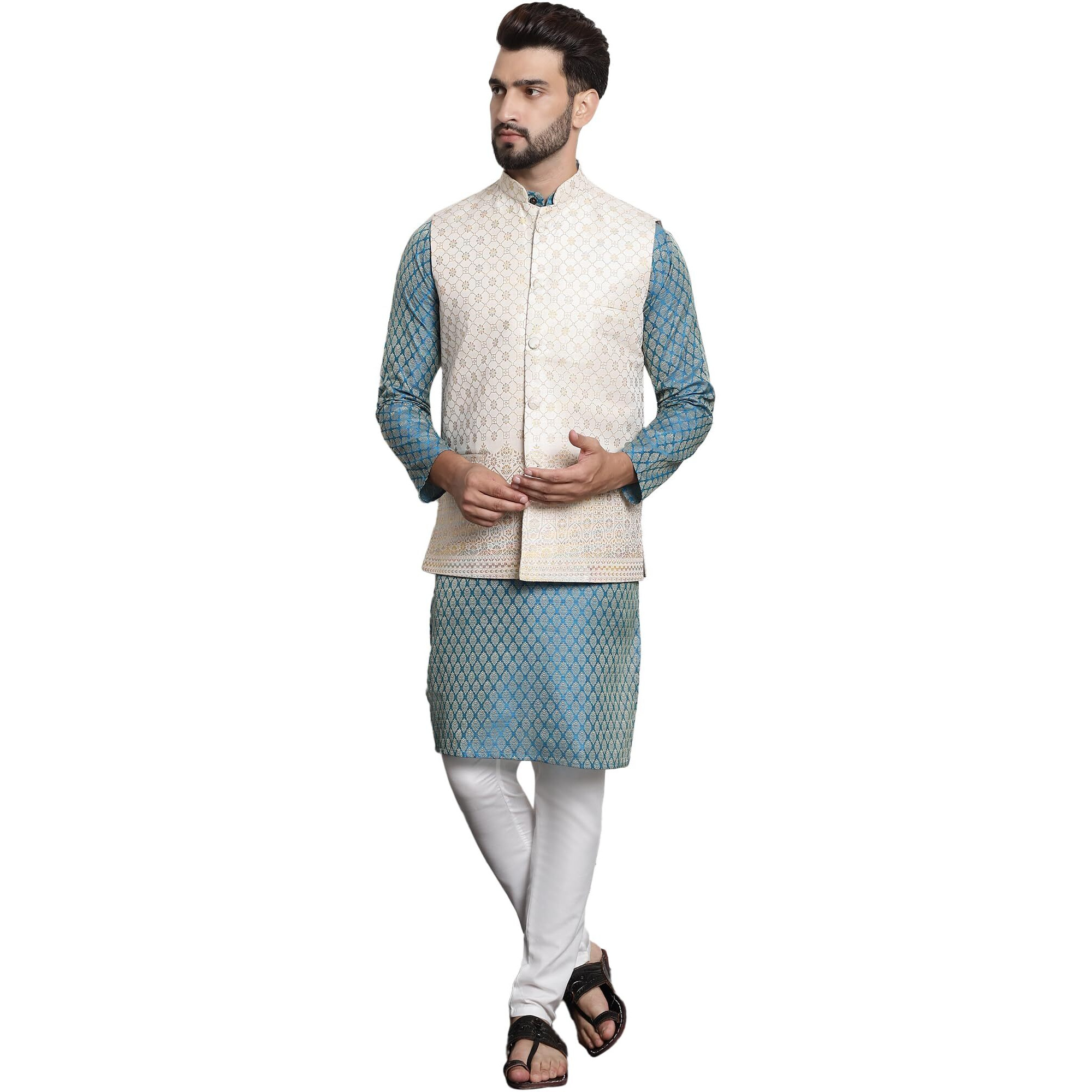 Sojanya (Since 1958 Men's Jacquard Silk Tgreen Kurta And Off-White Pyjama With Cream Nehru Jacket